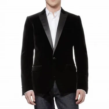 Black Velvet Men's Blazer One Button Peak Lapel Velvet Suit Jacket Slim Fit Wedding Jacket Business Coat 2