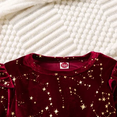 Toddler Girl Party Dress Autumn Winter 1-8 Years Children Christmas And New Year Princess Dress Red Velvet Gown Stars Mesh Dress 3