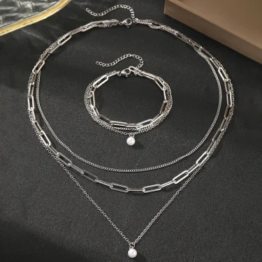 Stainless Steel Jewelry Set Elegant Delicate Pearl Pendant Jewelry Set Luxury Multi-Layer Chain Jewelry Set For Women Jewelry 4