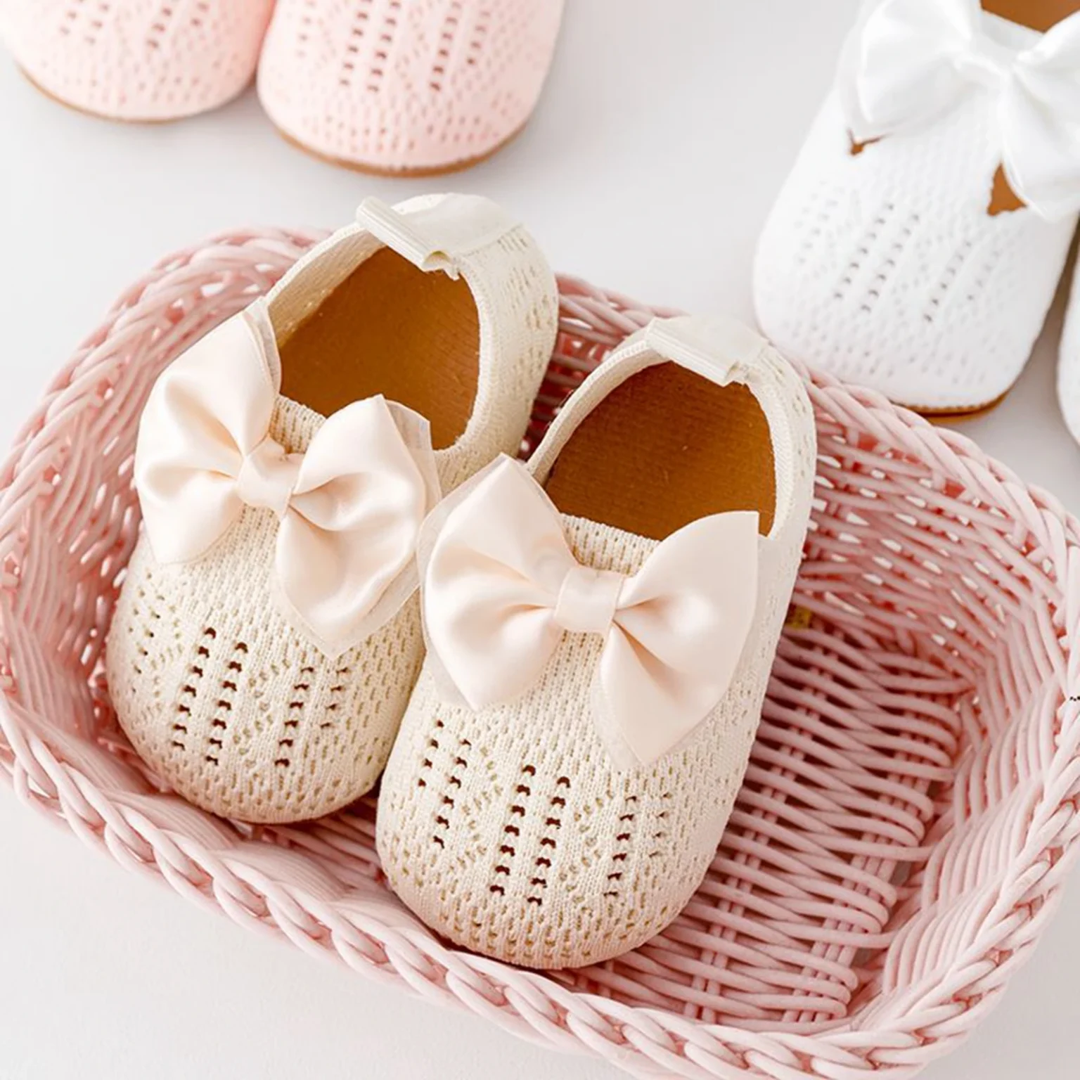Princess Baby Girls Flats Shoes Moccasins Cute Bow Knitted Hollows out Shoes Summer Casual Walking Shoes for Newborn Infant 3