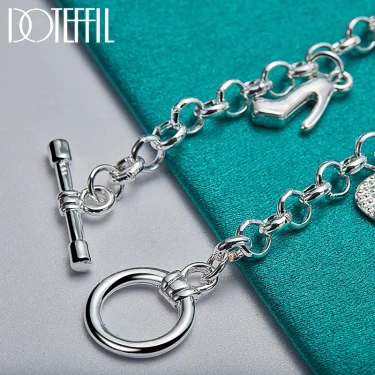 DOTEFFIL 925 Sterling Silver High Heels Bag Pendant Bracelets Chain For Women Charm Wedding Engagement Jewelry 4