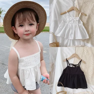 2025 New Summer Kids Girls Sweet Sling Sleeveles T-shirt Children Clothing Comfort Short Tops Toddler Cute Solid Color Bow Vest 2