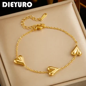 DIEYURO 316L Stainless Steel Vintage Golden Heart Bracelet For Women Fashion Chain New Fashion Wrist Jewelry Girl Birthday Gift 1