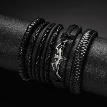4Pcs/set Leather Beaded Black Bat Bracelet Charming Men's Bracelet New Fashion Hip Hop Punk Accessories Jewelry Gift Wholesale 5