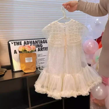 New Girls Princess Dress Casual Spring Summer Children's Wear Korean Pearl Neck Princess Dress Fashion Yarn Dress 3