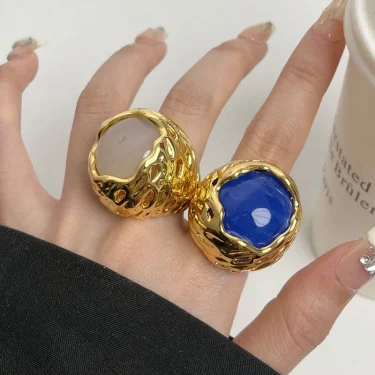 XIALUOKE Vintage Metal Geometric Hollow Round Natural Stone Ring For Women Personality Open Ring Party Wedding Jewelry 6