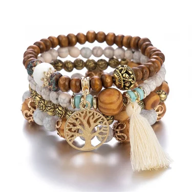4Pcs/Set Boho Wooden Beaded Bracelet Set For Women Tree Of Life White Tassels Charm Elastic Chain Bangle Lady Bohemia Jewelry 1