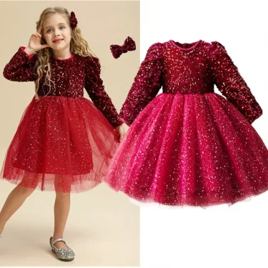 Sequins Girls Princess Party Dresses for 3-8Yrs Kids Birthday Wedding Evening Prom Gown Fall Winter Long Sleeve Children's Dress 3