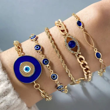 Tocona 5pcs/set Vintage Versatile Blue Rhinestone Bracelets for Women Faswhion Blue Eye Beaded Alloy Bangles Jewelry 25977 1