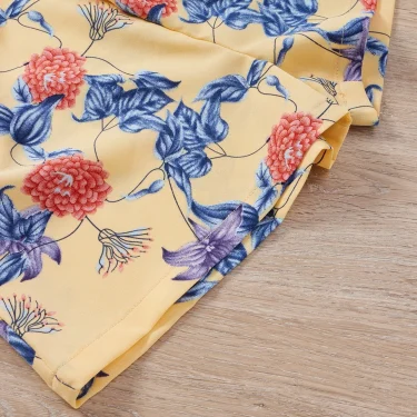 Summer girls conservative commute less sook flower print lace camisole yellow square collar pleated elastic romper 4