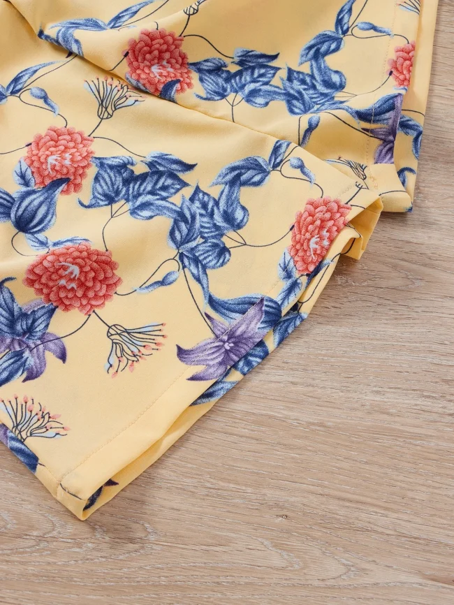 Summer girls conservative commute less sook flower print lace camisole yellow square collar pleated elastic romper 4