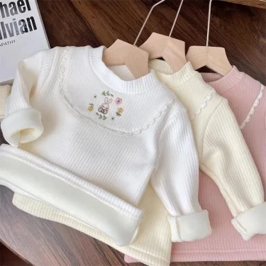 1pcs Children's T-Shirts Cartoon Embroidery Velvet warm top Kids Half High Collar Long Sleeve Base Shirt Girls Tshirts Clothes 6