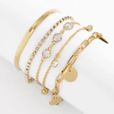 Boho Flat Snake Bone Chain Rhinestone Sequin Pendant Bracelet Set Lady Geometric Fashion Bracelets Combination Girl Jewelry 1