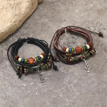 Handmade Hippie Design Brown Leather Bracelet Women Metal Star Note Charms Wood Button Beads Wrap Unisex Adjustable Bracelet 6
