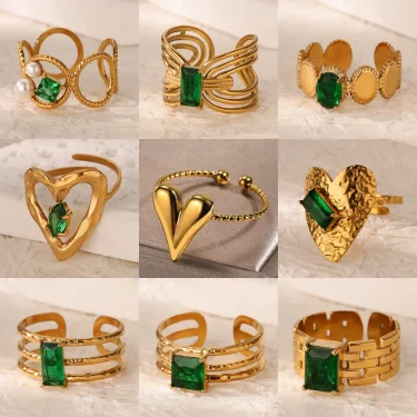 Green Cubic Zircon Heart Rings For Women Vintage Gold Color Stainless Steel Open Ring Fashion Aesthetic Jewelry Wedding Gift 1
