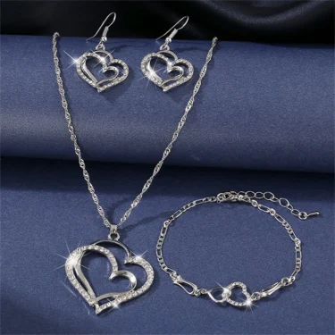 Exquisite Double Heart Necklace Earrings Bracelet Jewelry Set Charm Ladies Jewelry Fashion Bridal Accessory Set Romantic Gifts 2