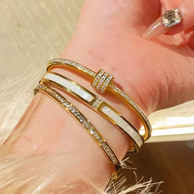Titanium Steel Gold Plated Bangles Bracelet for Women Girls Gifts Trend Waterproof Jewelry Luxury Sparkling Zircon Open Bangle 2