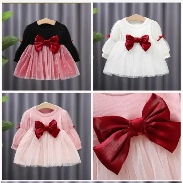 Children's Korean version dress girls' spring and autumn fashion long sleeved bow mesh dress baby's birthday dress 0-4Y 4