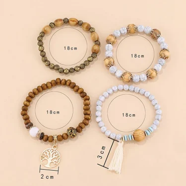 4Pcs/Set Boho Wooden Beaded Bracelet Set For Women Tree Of Life White Tassels Charm Elastic Chain Bangle Lady Bohemia Jewelry 2