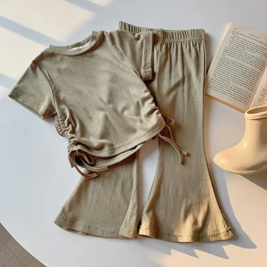 2-8 Years Old Solid Color Fashionable Casual Girl Drawstring Short Sleeved+Flared Pants Two-Piece Set Children Sets Summer 4