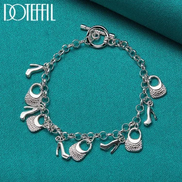 DOTEFFIL 925 Sterling Silver High Heels Bag Pendant Bracelets Chain For Women Charm Wedding Engagement Jewelry 3