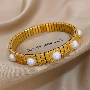Imitation Pearls Elasticity Bracelets Stainless Steel Elastic Scalable Bangles for Women Cuff Wristband Waterproof Jewelry 6