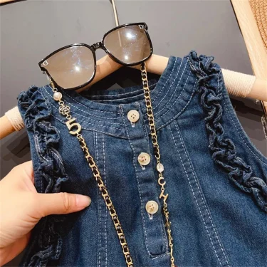 Bear Leader Summer 2024 New Girl Fungus Edge Solid Color Three-Button Classic Denim Sleeveless Vest Dress 4