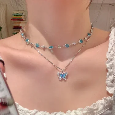 LATS Romantic Blue Crystal Butterfly Necklace for Women Girls Simple Shiny Zircon Bilayer Choker Clavicle Chain New Fine Jewelry 1