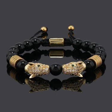 Luxury Black Stone Beads Man Bracelet Leopard Head Charms Women Bracelets Couple Jewelry Valentine's Day 3