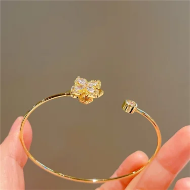 Luxury Rotable Zircon Four Leaf Grass Gold Color Copper Open Bracelets for Women New Fashion Advanced Wedding Party Jewelry Gift 5