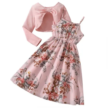 2Pcs Sets Children Girls Clothes Set Sling Floral Dress Pink Long Sleeves Overcoat Costume Summer Dress for Kids Girl 8-12 Years 6