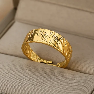 Retro Wide Textured Rings for Women Open Adjustable Stainless Steel Gold Color Ring Gothic Punk Hip Hop Jewelry anillos mujer 1