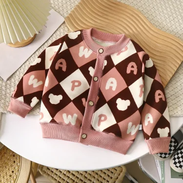 New Autumn Winter Kids Thicken Sweater Coat Baby Boys Girls Long Sleeve Cartoon Cherry Plaid Knitted Warm Cardigan Sweaters 4