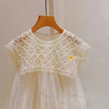 New Girls Princess Dress Casual Spring Summer Children's Wear Korean Pearl Neck Princess Dress Fashion Yarn Dress 5
