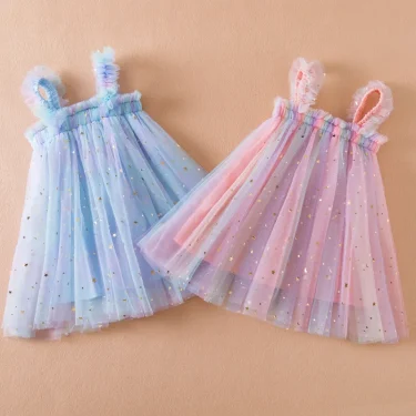 Sweet Girls Summer Flying Sleeve Bow Sequin Dress 2-6Y Kids Birthday Party Pink Fluffy A-line Princess Dress for Cute Baby Girl 1