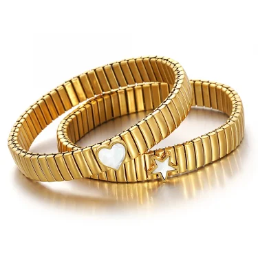 Gold Color Stainless Steel Elastic Bracelet Bangle for Women Men Inlaid Shell Star Heart Bracelet Classic Watch Chain Jewelry 4