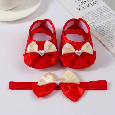 Baby Girls Baptism Shoes and Headband Cute Heart Pearl Bowknot Flats Crib Shoes and Hairband Set for Infants Toddlers 4