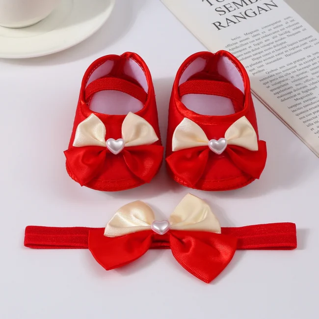 Baby Girls Baptism Shoes and Headband Cute Heart Pearl Bowknot Flats Crib Shoes and Hairband Set for Infants Toddlers 4