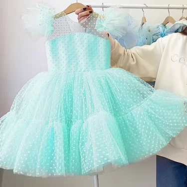 Girls Princess Dress Elegant Wedding Tutu Prom Dresses for Tulle Flare Sleeve Communion Party Formal Evening Gown for 3-10Y Kids 2