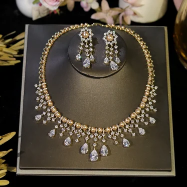 ASNORA Cubic Zirconia Imitation Golden Pearls Jewellery Set Bridal Wedding CZ Necklace for Brides conjuntos femininos elegantes 4