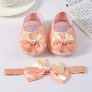 Baby Girls Baptism Shoes and Headband Cute Heart Pearl Bowknot Flats Crib Shoes and Hairband Set for Infants Toddlers 1