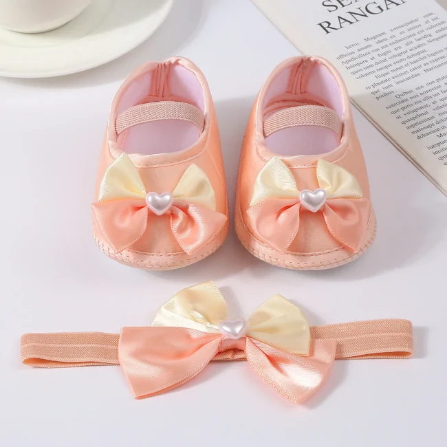 Baby Girls Baptism Shoes and Headband Cute Heart Pearl Bowknot Flats Crib Shoes and Hairband Set for Infants Toddlers 1