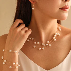 Korean Fashion Multilayer Imitation Pearl Necklace Bracelet Earring Women Temperament Clavicle Chain Jewelry Set Girl Lucky Gift 1