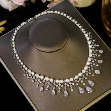 ASNORA Cubic Zirconia Imitation Golden Pearls Jewellery Set Bridal Wedding CZ Necklace for Brides conjuntos femininos elegantes 2