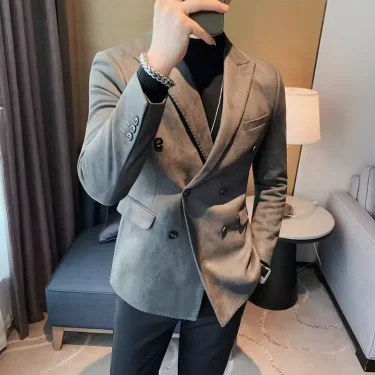 2025 High-quality fashion handsome business casual suede suit jacket men's autumn/winter Korean slim solid color suit 1
