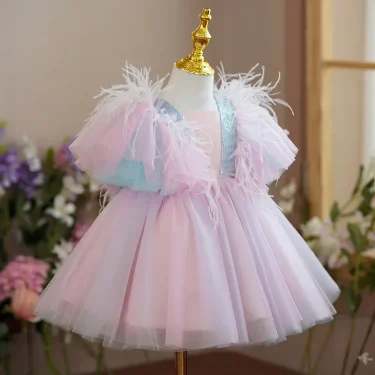 New Summer Children's Girl Party Dress Bubble Sleeves Bridesmaid Wedding Flower Princess Dresses Kids Formal Clothing 3