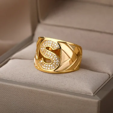 Chunky Wide Zircon Initial Letter Rings For Women Stainless Steel Opening Finger Ring Hip Hop Minimalist Jewelry Gift Femme 4