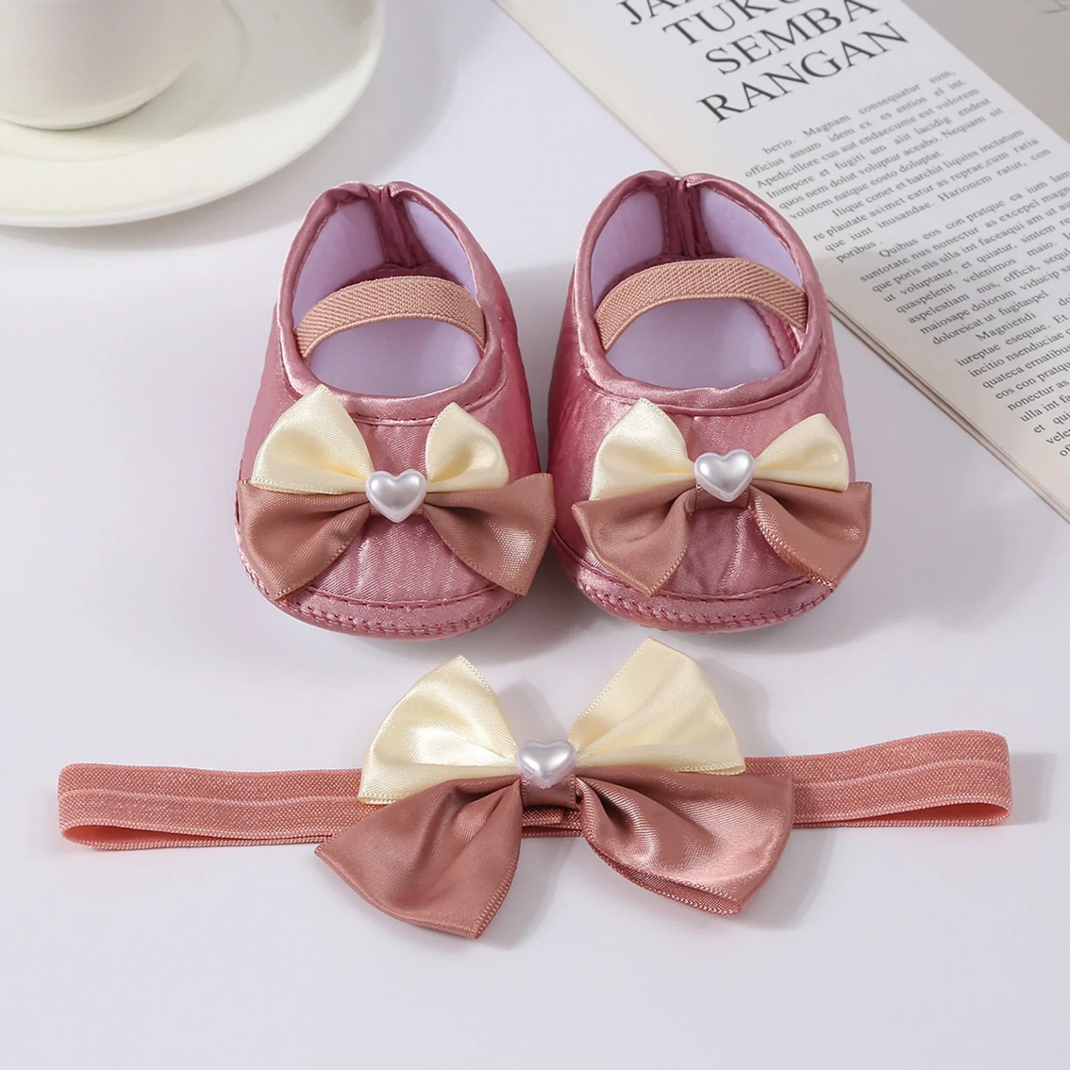 Baby Girls Baptism Shoes and Headband Cute Heart Pearl Bowknot Flats Crib Shoes and Hairband Set for Infants Toddlers 5