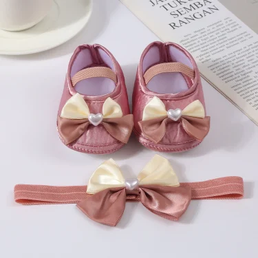 Baby Girls Baptism Shoes and Headband Cute Heart Pearl Bowknot Flats Crib Shoes and Hairband Set for Infants Toddlers 5