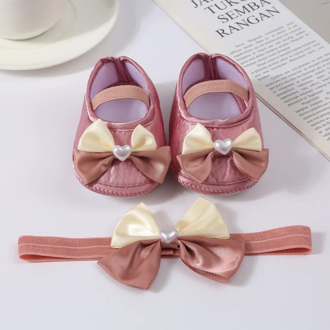 Baby Girls Baptism Shoes and Headband Cute Heart Pearl Bowknot Flats Crib Shoes and Hairband Set for Infants Toddlers 5